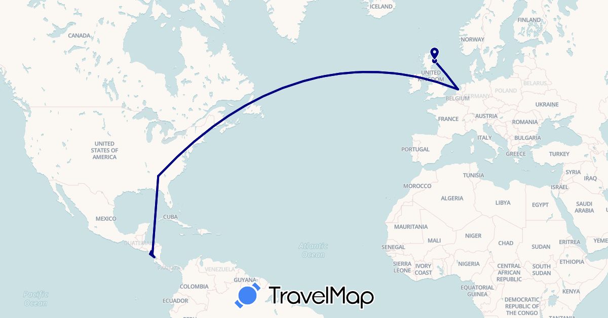 TravelMap itinerary: driving in United Kingdom, Nicaragua, Netherlands, United States (Europe, North America)